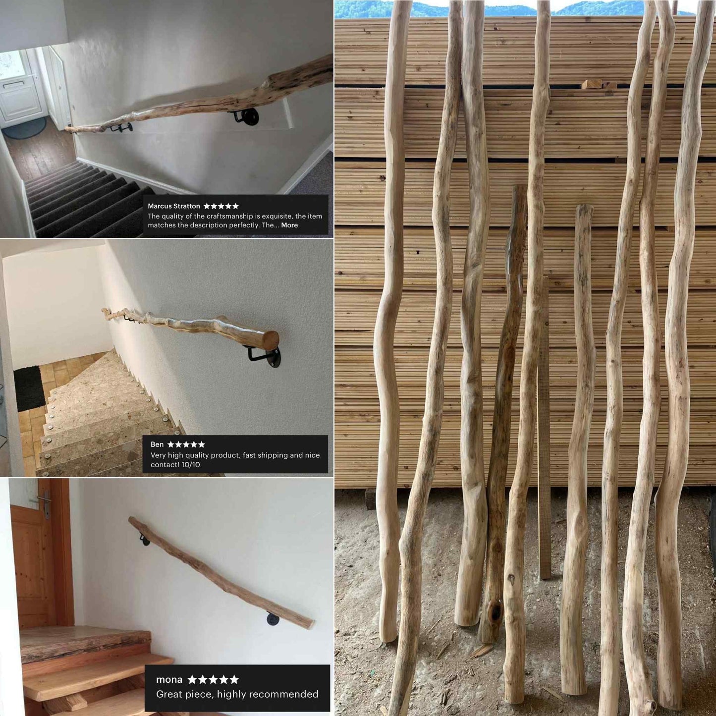 Handmade Wooden Handrail – Natural Finish | Custom Size | Wall Mounted Stair Railing | Rustic Modern Decor | EU Made