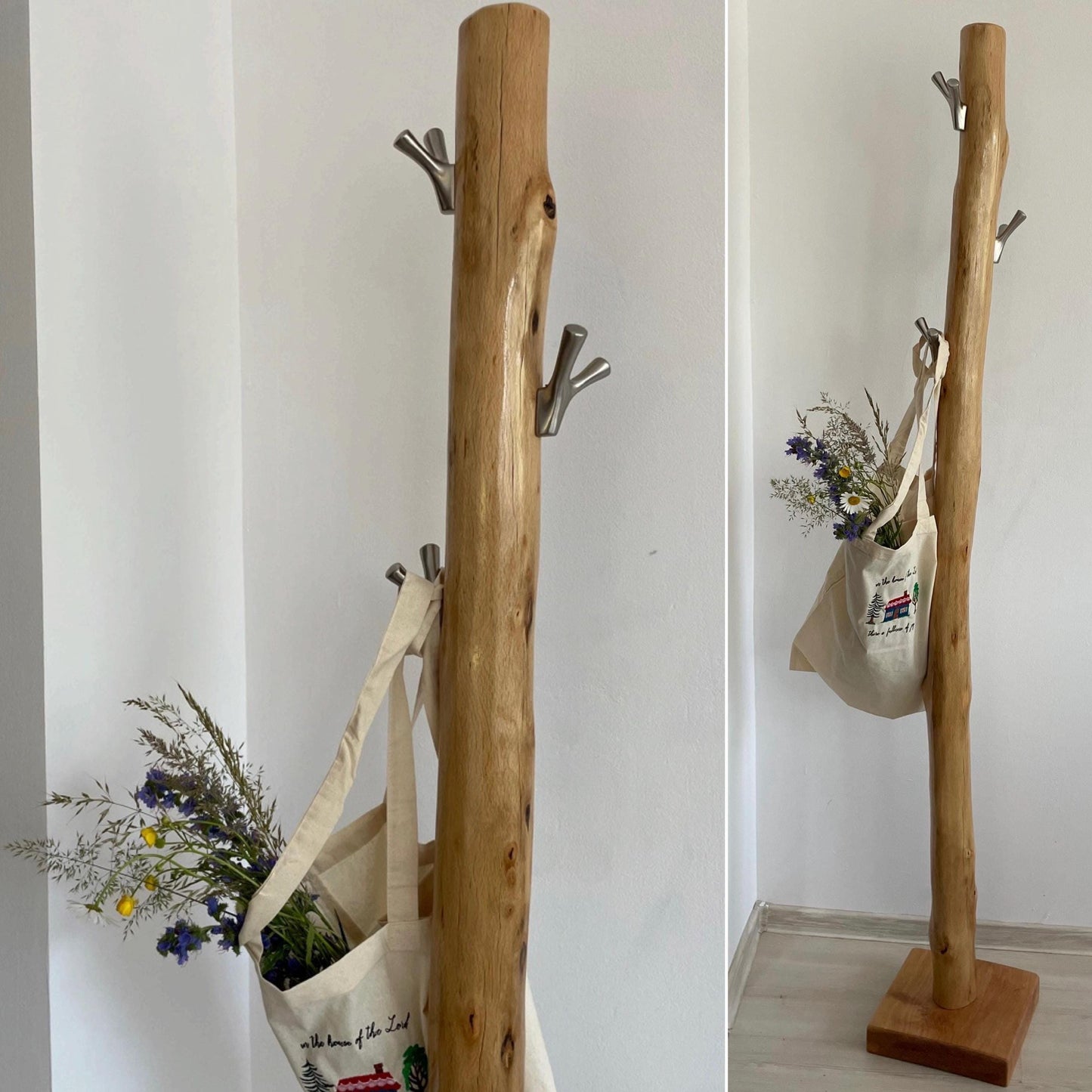 Rustic Oak Free-Standing Coat Rack – Solid Wood with Black Metal Hooks – Handmade Entryway Stand