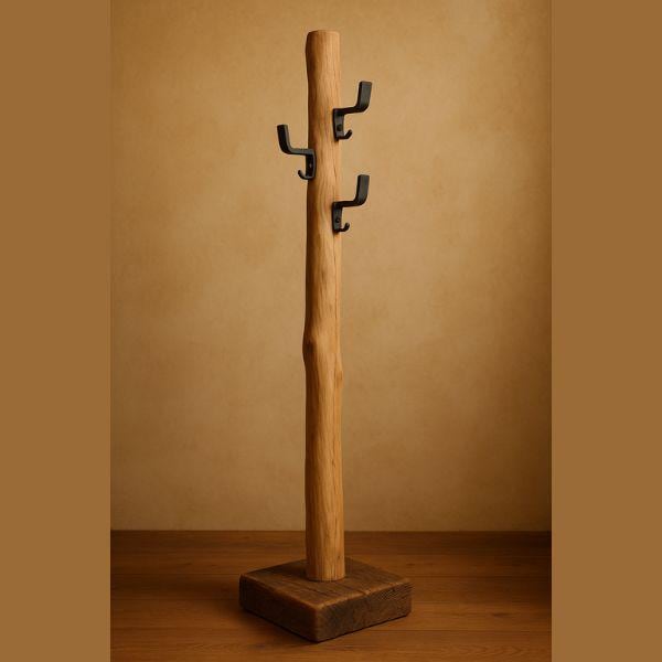 Rustic Oak Free-Standing Coat Rack – Solid Wood with Black Metal