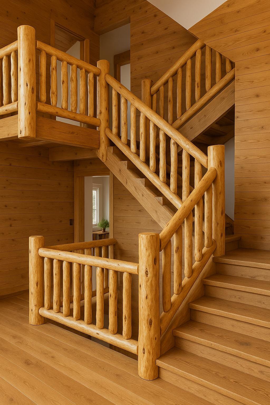 Rustic Oak Log Railing | Handmade Solid Wood Stair & Balcony Railing | Natural Finished Oak Handrail | Custom Sizes