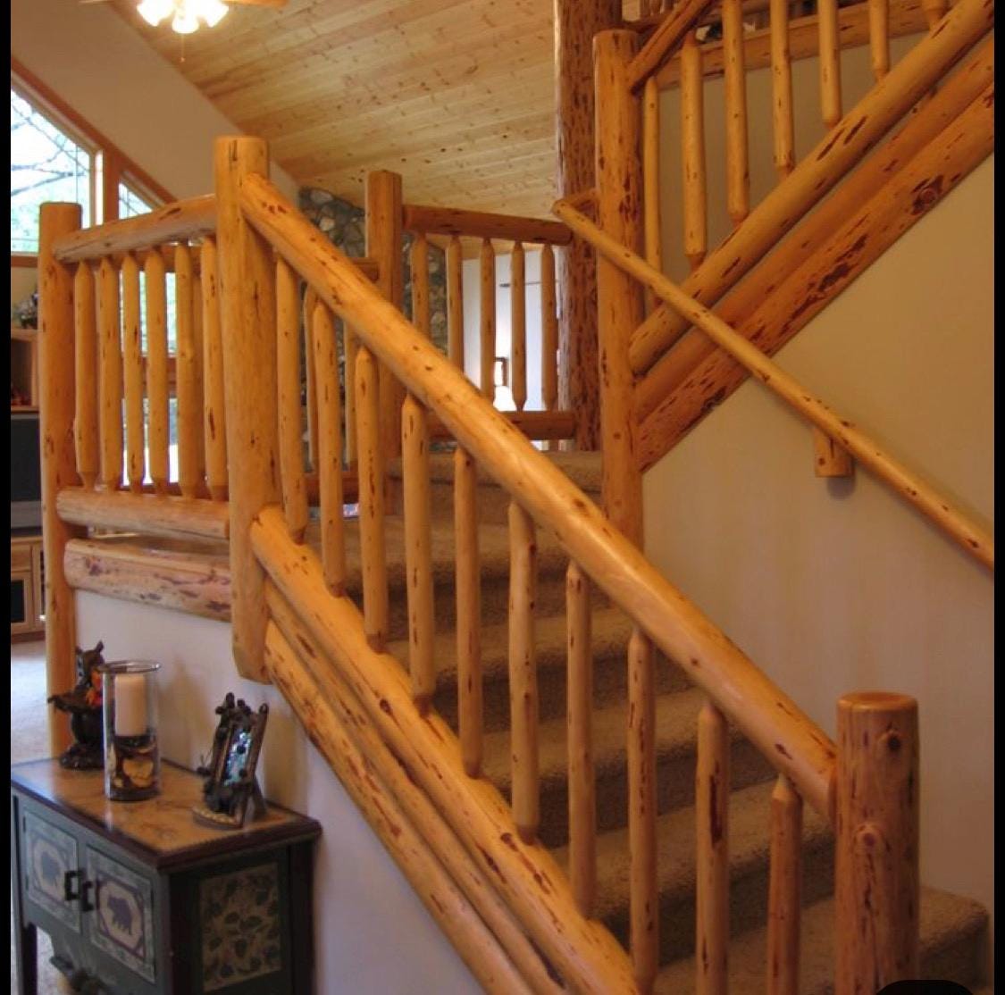 Rustic Oak Log Railing | Handmade Solid Wood Stair & Balcony Railing | Natural Finished Oak Handrail | Custom Sizes