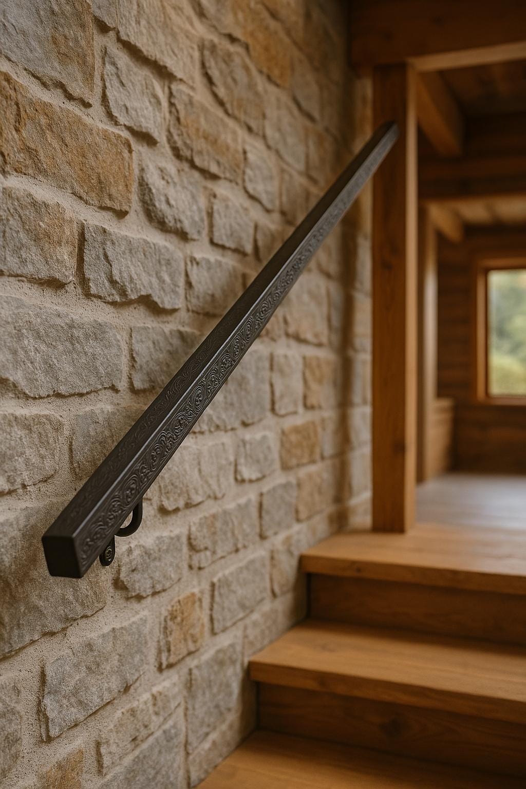Custom Wrought Iron Handrail – Floral Engraved Wall Rail – Elegant Stair Railing – Handmade & Wall Mounted