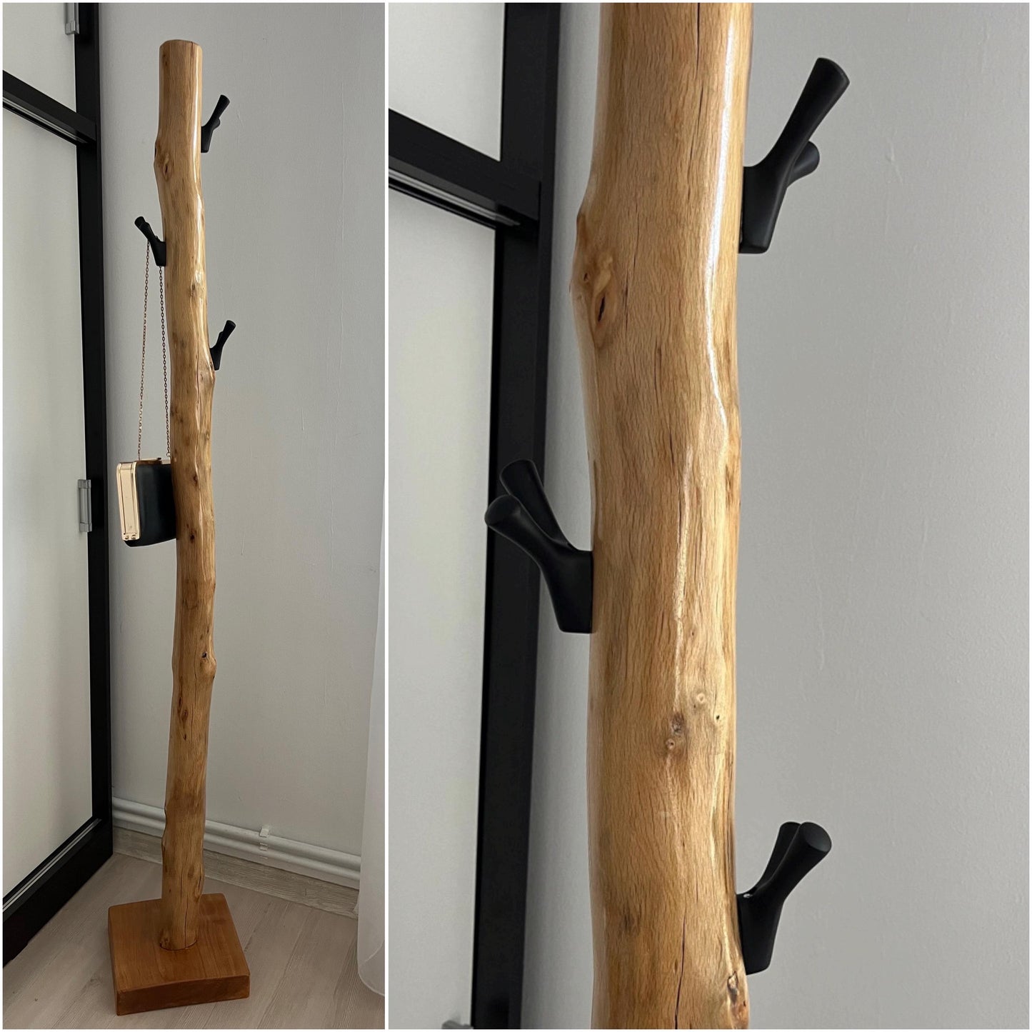 Rustic Oak Free-Standing Coat Rack – Solid Wood with Black Metal Hooks – Handmade Entryway Stand