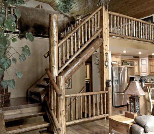 Rustic Oak Log Railing | Handmade Solid Wood Stair & Balcony Railing | Natural Finished Oak Handrail | Custom Sizes
