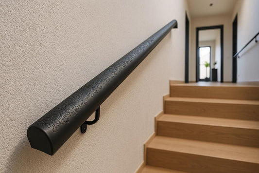 Custom Wrought Iron Handrail – Wood Texture Finish – Wall Mounted Stair Rail – Rustic Modern Railing – Handmade in EU