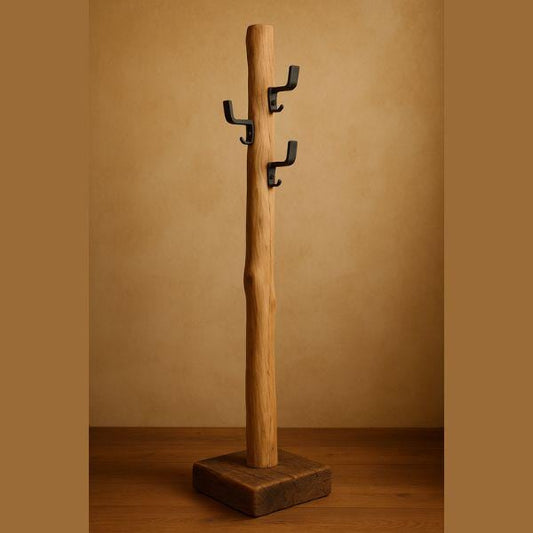 Rustic Oak Free-Standing Coat Rack – Solid Wood with Black Metal Hooks – Handmade Entryway Stand