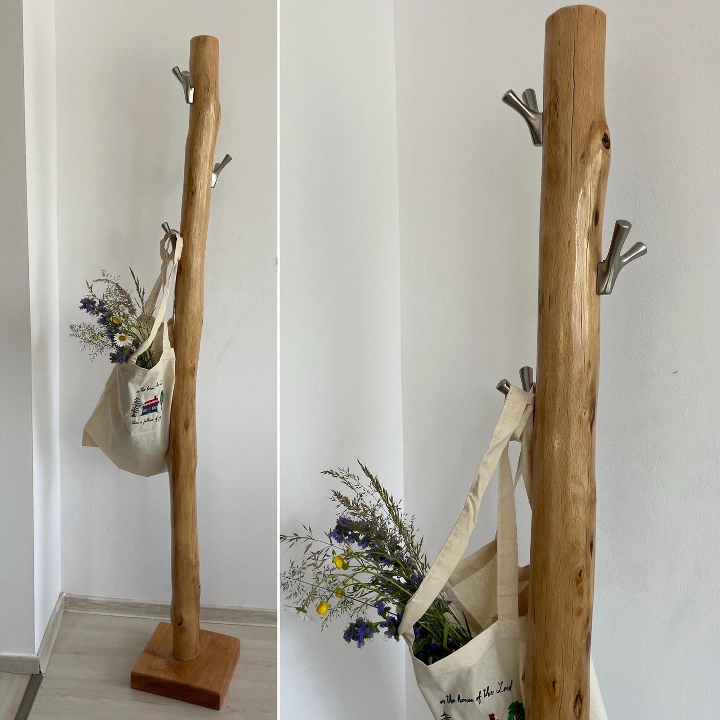 Rustic Oak Free-Standing Coat Rack – Solid Wood with Black Metal Hooks – Handmade Entryway Stand